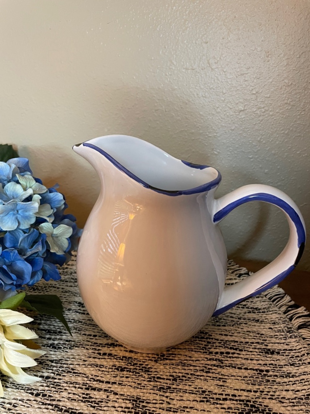 Vintage White Ceramic Pitcher with Blue Trim-Shabby Chic Cottagecore Style - Picture 10 of 10